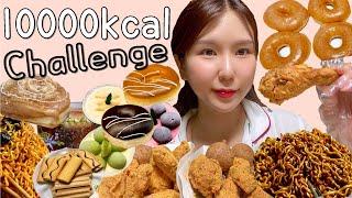 Eng) 만칼로리 폭식 챌린지ㅣ먹방 브이로그ㅣ10000kcal challenge Mukbang VLOGㅣBHC 뿌링클, 치즈볼, 크리스피 도넛, 불닭, 짜파게티, 마담티라미슈