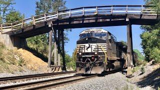 2 Trains Pass Under Ancient Wooden Bridge Still In Use, Norfolk Southern Railroad Main Line CNO&TP