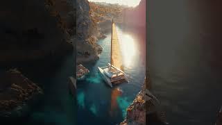 a sleek electric catamaran with pastel-tinted sails