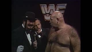 Mean Gene Okerlund interviews George Steele and Mr. Fuji on World Championship Wrestling.