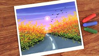 Oil Pastel Autumn Scenery for beginners | Oil Pastel Drawing Autumn