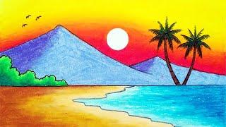 How to Draw Beautiful Sunset in the Beach | Easy Sunset Scenery Drawing