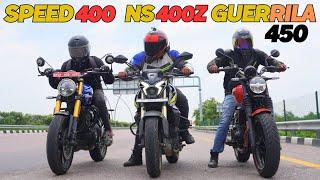 Royal Enfield Guerrilla 450 vs Triumph Speed 400 vs Pulsar NS400Z Drag Race  | Triple Battle |