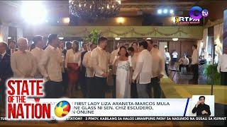 Pag-inom ni First Lady Liza Araneta-Marcos mula sa champagne glass ni Sen. Chiz Escudero... | SONA