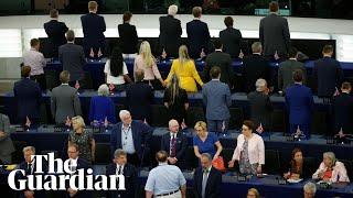 Brexit party MEPs turn their backs during European anthem at parliament's opening session