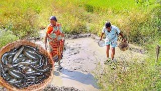 santali tribe old couple fishing in field and cooking FISH CURRY RECIPE for their lunch