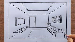 How to Draw a Room in 1-Point Perspective Step by Step | Easy Drawing