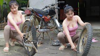 Genius girl completely restores car maintenance. patching inner tubes and replacing old car oil