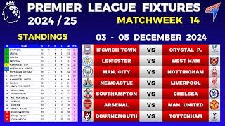 EPL FIXTURES TODAY - Matchweek 14 • EPL Table Standings Today • Premier League Fixtures 24/25