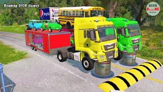 Double Flatbed Trailer Truck vs speed bumps|Busses vs speed bumps|Beamng Drive|960