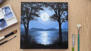 Moonlight Scenery Painting Tutorial | Acrylic Painting For Beginners Step by Step | Moon Painting