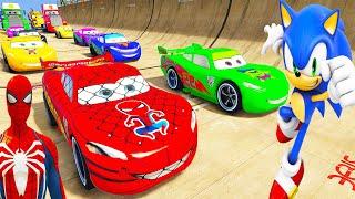 SPIDERMAN McQueen Friends LIGHTHOUSE Ramp Challenge ! SUPERHERO HULK Disney Cars MACK TRUCK  - GTA V