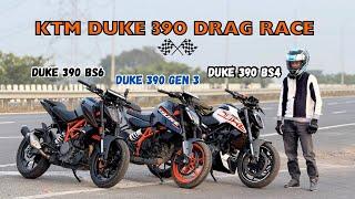 Ktm Duke 390 Gen3 vs Ktm Duke 390 bs6 vs Ktm Duke 390 bs4 Drag Race