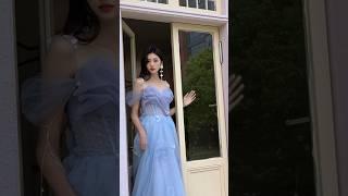 Fairy Light Blue Cocktail Evening Dress Off Shoulder Puffy Skirt Ball Gown