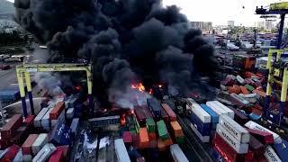 Huge fire at port in Turkey after earthquake