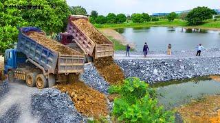 The Best Full Processing Filling Up The Land huge, Bulldozer KOMATSU Push Stone, Dump truck