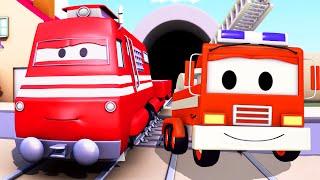 Troy der Zug und  Feuerwehrauto in Car City, Auto & Lastwagen Cartoons für Kinder 