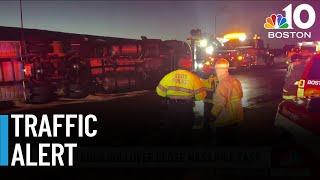 Truck rollover causing delays on Mass Pike in Boston