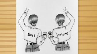 BFF Drawing - Two best friend girl drawing / easy drawing for beginners / Friendship day drawing/Art