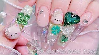 sub) Lucky Clover Nails!/Korean Nails / Making a Cute Bear!‍️/ Nail art / Self-nails / ASMR