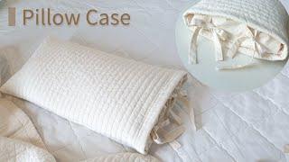 DIY 누빔지로 리본 베개커버 만들기/지퍼 없는 베개커버 - How to make a pillow case with quilted fabric(No Zipper!)/수작업실 지음