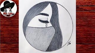 Crying girl drawing || Circle drawing for beginners || How to draw a sad girl with mask