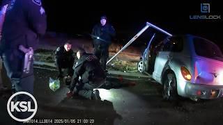 BODY CAM: Utah man assaults Santaquin police officer, flees, and crashes into a pole