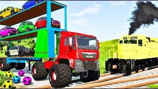 Double Flatbed Trailer Truck vs speed bumps|Busses vs speed bumps|Beamng Drive|068