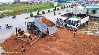 Beautiful Showing New Project of Bulldozer Spreading Gravel And Dump Truck Unloading Gravel