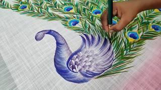 Freehand fabric painting peacock designs on sarees | Fabric peacock painting on Cloth by Balashankar