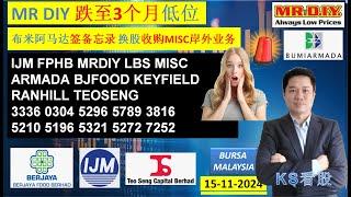 KS看股 - 马股 KLSE BURSA 分享 - 15-11-2024 MR DIY 跌至3个月低位布米阿马达签备忘录 换股收购MISC岸外业务IJM TEOSENG RANHILL LBS