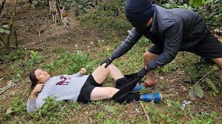 The bad guy stalks and attacks the girl, completing the bamboo house