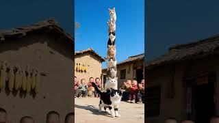 7 cats are stacked layer by layer. The cat at the bottom is really amazing