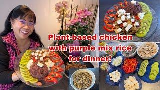 How to make a simple vegetarian meal of plant-based chicken with purple mix rice for dinner?