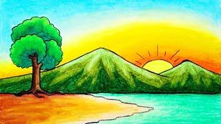 How To Draw Sunrise Scenery With Oil Pastel and Pencil Color | Drawing Sunrise Scenery