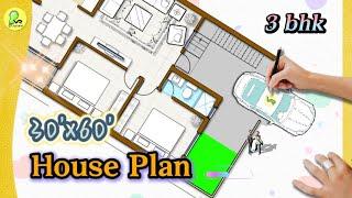 30'× 60' house plan with car parking, 3-bhk home design , 30 by 60 #houseplan #homedesign #housemap