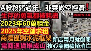 當年租金60萬的商鋪，如今房東急切求租，高鐵在空轉，商家撤出商場僅剩水泥框架，A股做空韭菜，韭菜做空經濟，新年年貨都沒錢買，2025年還向無產階級進發##無修飾的中國#大陸經濟#大蕭條