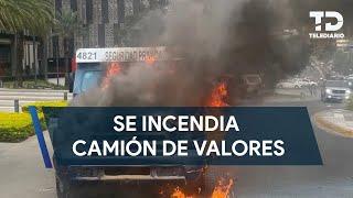 Camión de valores se incendia frente a centro comercial en San Pedro