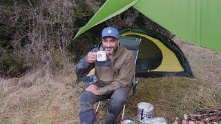 Camping In Winter Rain Storm With Tent And Tarp