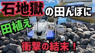 [衝撃？]石地獄田んぼに6条田植え機で挑む！果たして無事に帰ってこれるのか！？結果はいかに！MITSUBISHI 6条田植え機LE60（2段ペースト）