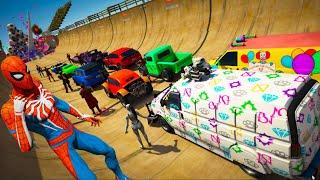 Spiderman and Friends on Cars GTA 5 Mods Crazy Stunt Challenge - Explosions, Jumping, Ragdolls