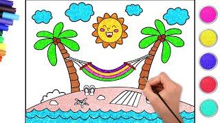 How to Draw a Simple Landscape Beach Scenery | Easy Drawing For Kids | HooplaKidz How To