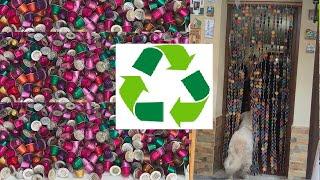 RECYCLE. Decorative curtain with recycled aluminum coffee capsules. Nespresso recycled capsules.