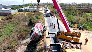 Please Drive Safely!! Incredible Two Different Cases Cement Mixer Truck​ Falling Down Road Recovery