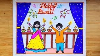 Beautiful Diwali Drawing Easy/Happy Diwali Drawing/ How To Draw Diwali Festival Drawing Easy Steps