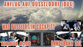 Düsseldorf (DUS): Was passiert im Airbus-Cockpit? Anflug + Landung Landebahn 23L. Mit Regen + Vögeln