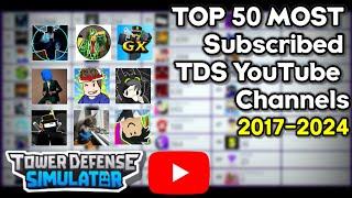 TOP 50 MOST Subscribed TDS YouTube Channels Overtime (2017-2024) || Tower Defense Simulator