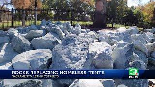 City of Sacramento looking into who placed rocks on sidewalk, replacing tents