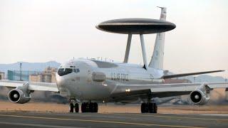 U.S.AirForce YokotaAirBase E-3Sentry AWACS アメリカ空軍嘉手納基地 早期警戒管制機E-3セントリー1機 横田基地から離陸 KadenaAirForceBase