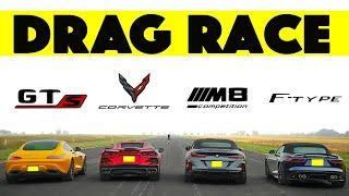 Jaguar F-Type  vs BMW M8 Comp vs Chevy Corvette C8 vs Mercedes Benz AMG GTS, Drag and Roll Race.